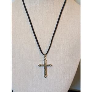925 Sterling Marcasite Cross on Black Cord w/ 925 Lobster Claw Clasp